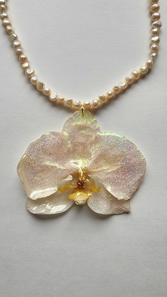 COLLAR DE PERLA CON ORQUIDEA NATURAL ENCAPSULADA.